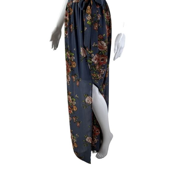 BCX NWT Womens M  Floral Blue Halter Maxi Slit Pleated Dress Belt Sheer Overlay - Picture 7 of 16
